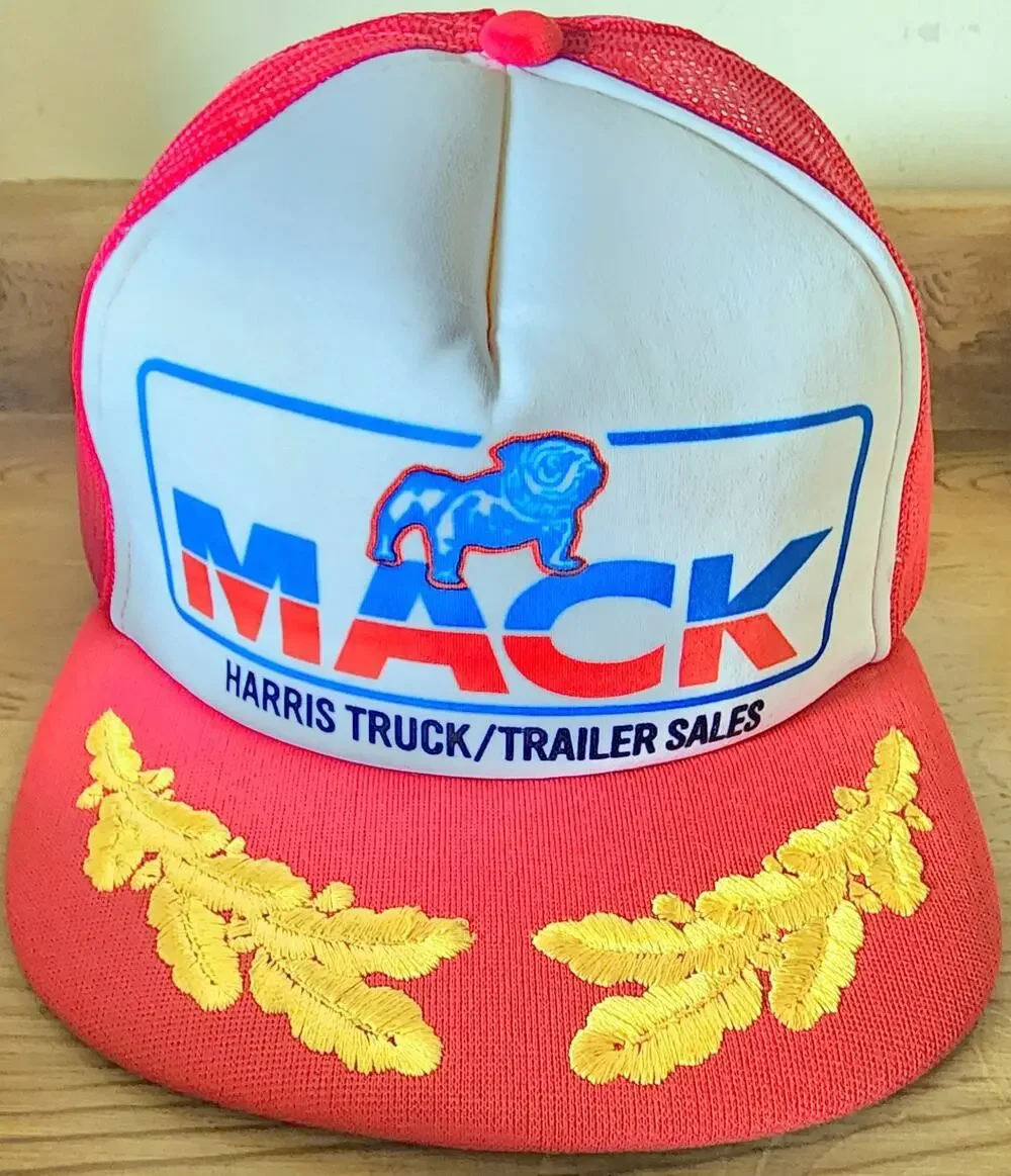 Mack Trucker Hat Harris Sales Bulldog Snapback Men's Red White Gold Leaves